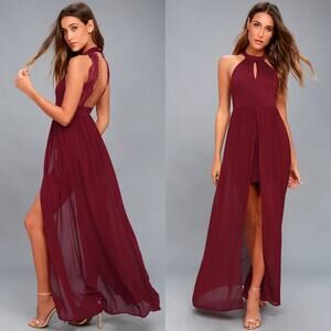 LULU'S My Beloved Burgundy Red Lace Maxi Dress Wedding Holiday Formal Sz Small